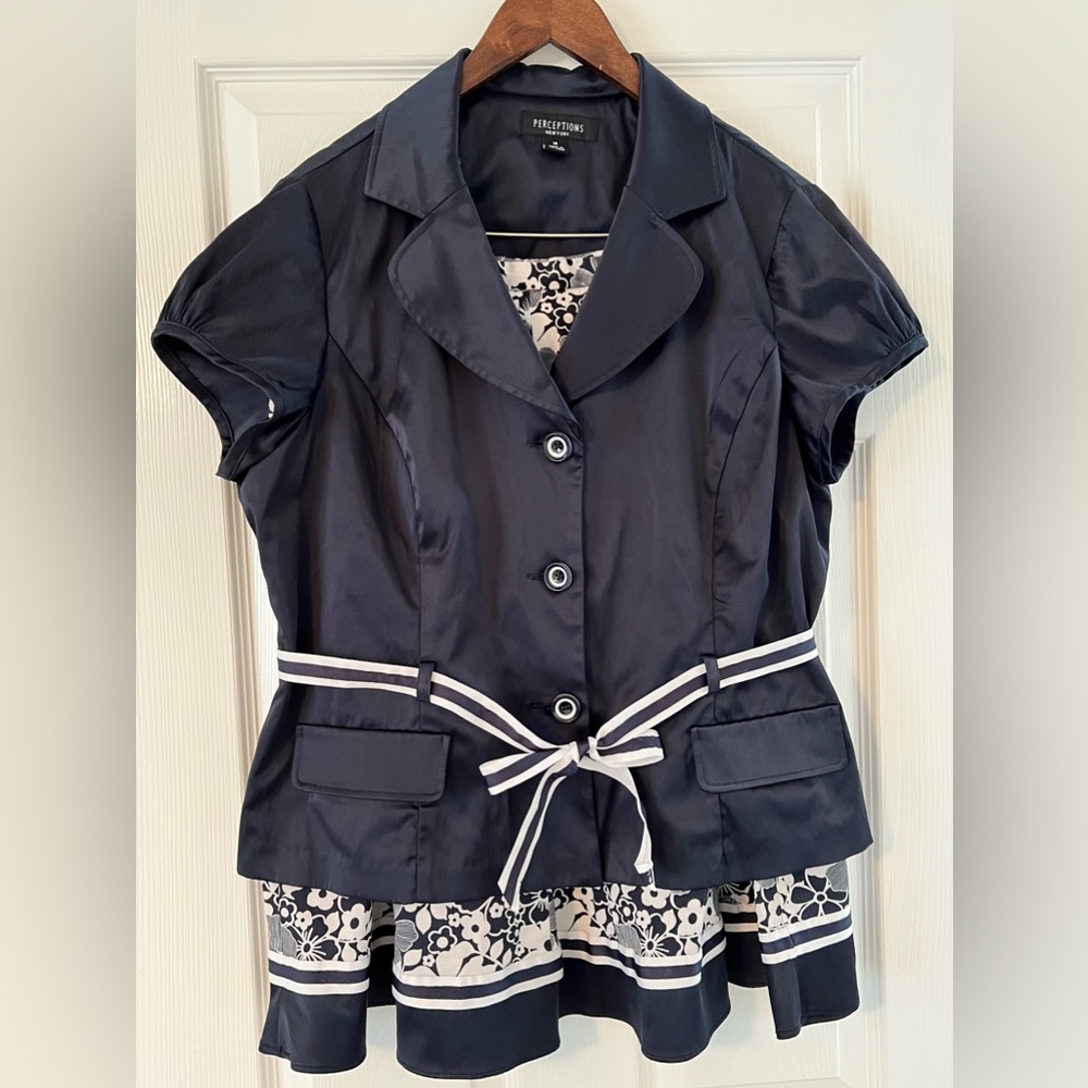 Perceptions Navy Blue Short Sleeve Peplum Skirt Set with White Trim